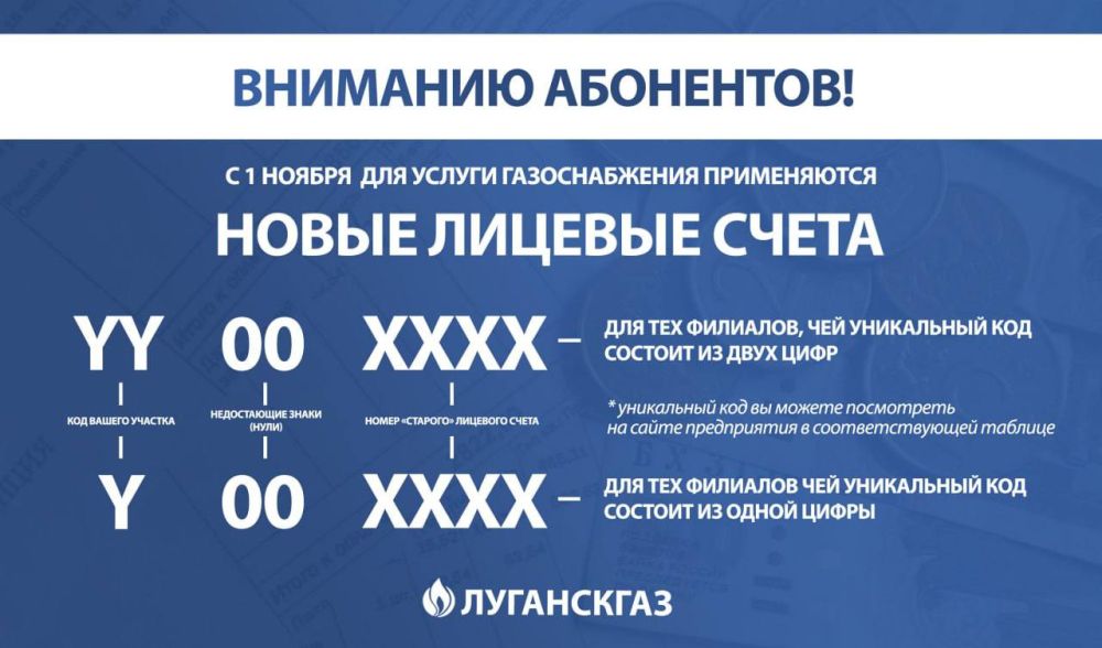 «Луганскгаз» уведомляет своих абонентов, что с 1 ноября 2023 года изменятся номера лицевых счетов, по которым необходимо будет передавать показания приборов учёта и совершать платежи за потребленный природный газ